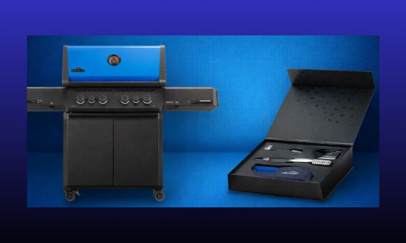 This photo features both the Napoleon grill and grilling tool gift box offered in this giveaway!