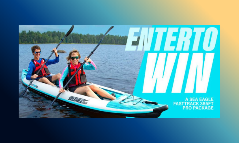 This is a photo of a young man and woman paddling across a peaceful, blue lake in their Sea Eagle kayak...followed by large lettering that says "ENTER TO WIN a sea eagle fasttrack 385ft pro package"!