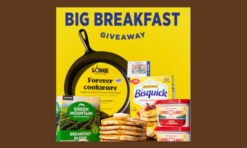 This photo starts with the caption "BIG BREAKFAST Giveaway" and features the iron skillet, Bisquick baking mix, coffee, gift card and butter offered in this win. It also has a stack of pancakes to tempt your taste buds!