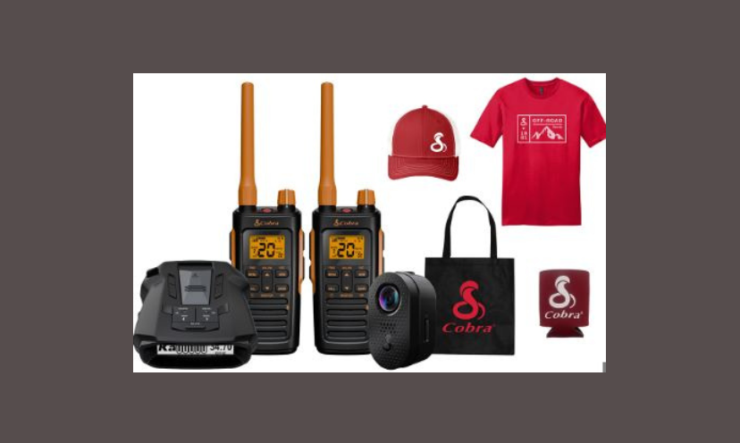 This photo shows the variety of prizes in the "Cobra Spring Adventure Giveaway". It includes the Two Trailblazer 2-Way Radios, Radar Detector, Dash Cam and Cobra Swag!