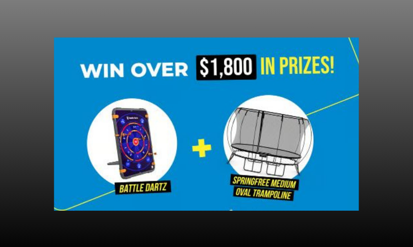 This is a photo of the trampoline and back yard dart game that is up for grabs in this giveaway. It is topped with the phrase "win over $1,800 in prizes"!