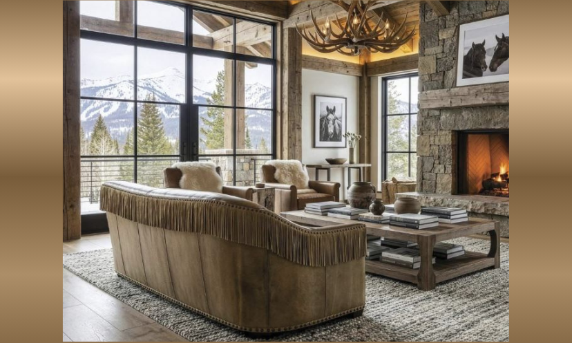 This photo shows what a cozy western inspired living room looks like. The fire is roaring in the stone fireplace, the snow capped mountain view is breathtaking and the rug available in this giveaway completes the warm vibe!