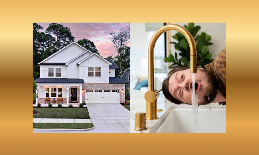This photo is all about a new home giveaway. It features a beautiful house on one side and a man drinking from a faucet on the other side. The faucet picture is to represent the Liquid Death soda-flavored sparkling water available through select plumbing fixtures!