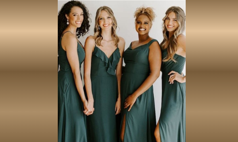 This is a photo of four young women wearing gorgeous formal dresses from Kennedy Blue, the sponsor of this amazing wedding giveaway!