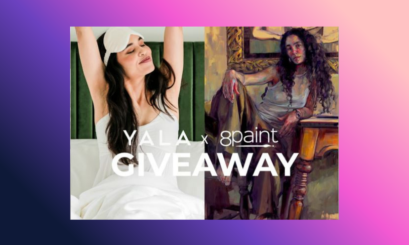 This photo features on the left side a young woman stretching as she wakes and a painting on the right side that could be the same person sitting at a desk. The caption says YALA x 8Paint Giveaway!