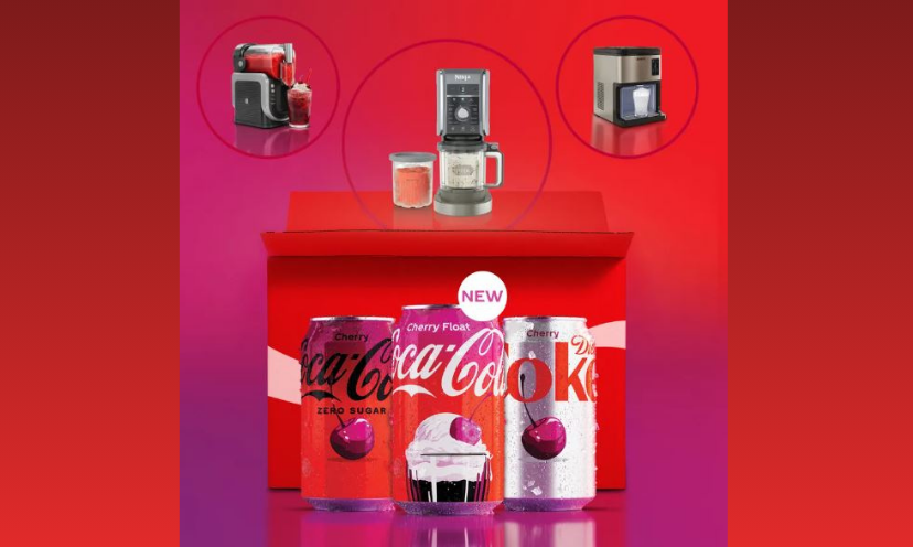 This photo features three cans of different and luscious Cherry Coke options along with the prizes in this giveaway. Those prizes aea a slushie maker, an ice cream maker and an ice pellet maker!