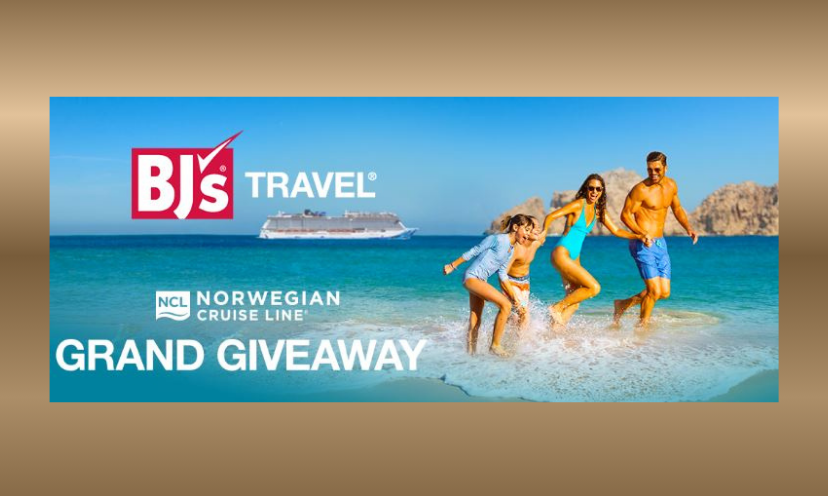 This photo features a family enjoying their Norwegian cruise destination as they splash in the crystal clear waters. Also included is a cruise ship in the background and the wording "BJ's Travel" and Norwegian Cruise Line grand giveaway"!