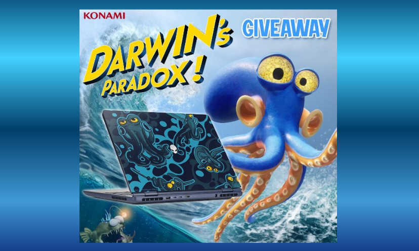 This photo features the Alienware 16X Aurora gaming laptop valued at $3,385 that is waiting to be won. A blue sea creature is looking on as well as an unusual little fish with sharp teeth in the bottom corner. The caption says "Darwin's Paradox".