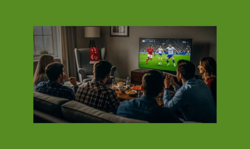 This photo features several guys and gals sitting on a comfy couch watching a soccer game on a big screen TV!