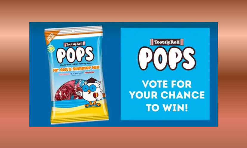 In this photo is a bag of summer mix Tootsie Pops sitting beside a caption that says "vote for your chance to win!"