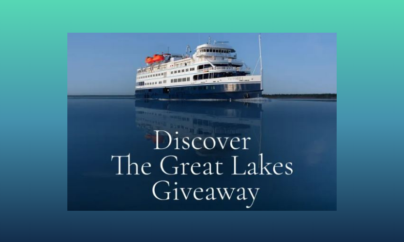 This photo features a huge cruise ship on calm, deep blue water. The caption says "discover The Great Lakes Giveaway"!