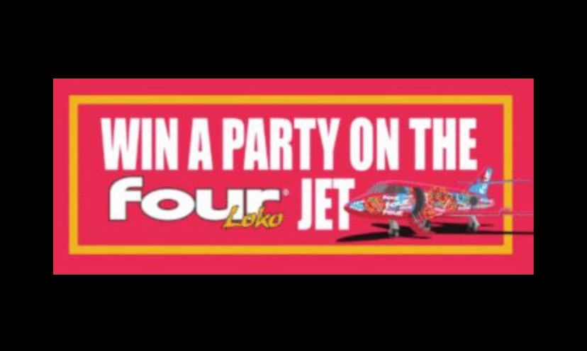This photo starts with a large caption that says "win a party on the Four Loko jet". There is a small image of what that jet looks like below the caption!