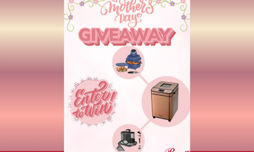 This photo starts with a caption that says "Mother's Day Giveaway" and is followed with images of the bread maker, air fryer and upholstery cleaner that you could win!