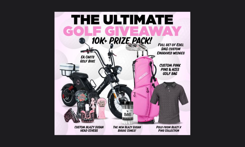 This photo features all of the prizes in this dreamy golf giveaway. It includes the golf bike, pink golf bag with clubs and covers, polo shirt, birdie cones and more. The caption says "The Ultimate Golf Giveaway 10K Prize Pack!"
