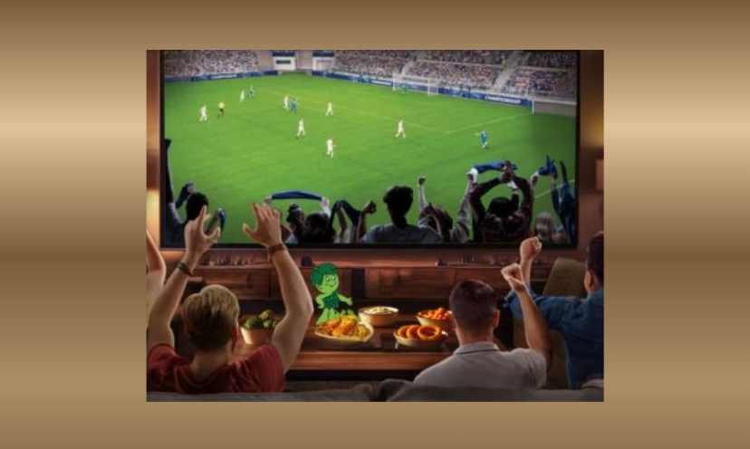 This photo shows sports fans having a watch party while enjoying a brand new 100-inch smart TV!