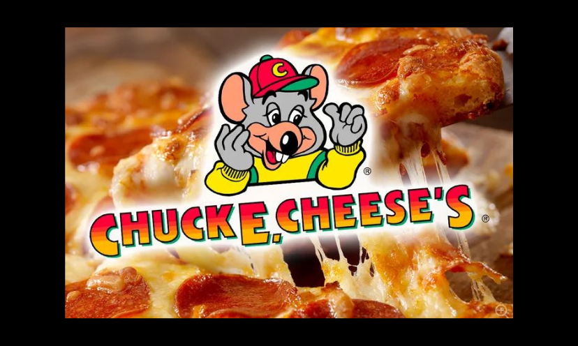 This photo features an image of the famous Chuck E Cheese mouse surrounded by his equally famous and delicious ultra cheesy pizza!