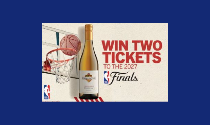 This photo starts with a caption that says "win two tickets to the 2027 finals" and is followed with images of a basketball and hoop, the NBA logo and a bottle of Kendall-Jackson chardonnay!